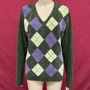 Vintage Green Argyle V-Neck Pullover Sweater Size Large